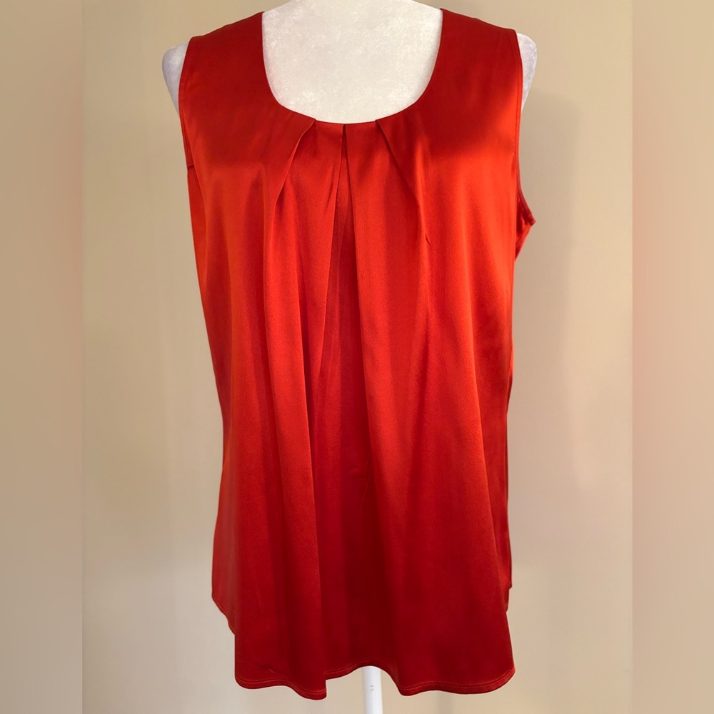 Sleeveless Orange Pleated Satin-Look Women's Top